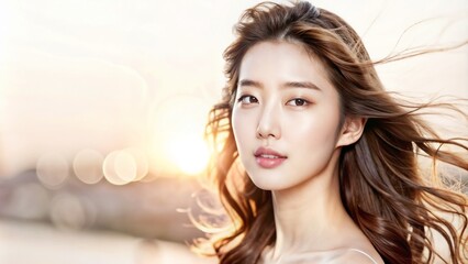 Naklejka premium Radiant Asian woman with windswept hair at sunset by the water