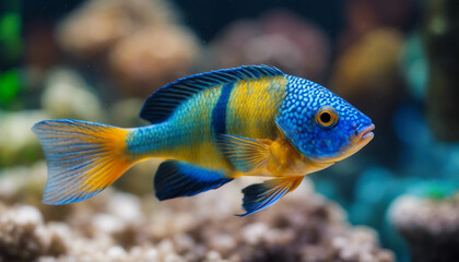 Obraz premium A vividly colored cichlid with a bright electric blue body, often accented with darker blue or black