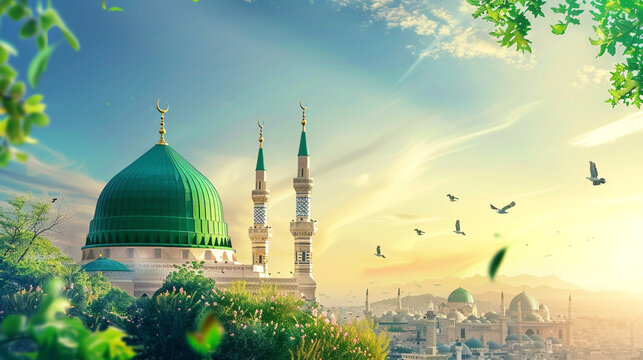 Eid E Milad Un Nabi concept A picture of a green dome with a clock on top. ramadan Kareem, Eid Mubarak Islamic festival social media banner.