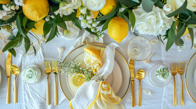 Table decor with fruits in citrus garden, holiday tablescape and dinner table setting, formal event decoration for wedding, family celebration, English country and home styling
