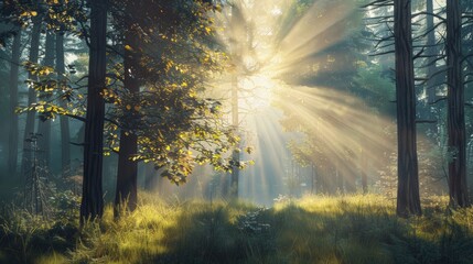 Obraz premium Tranquil spring forest bathed in sunlight, realistic nature photography capturing serene beauty