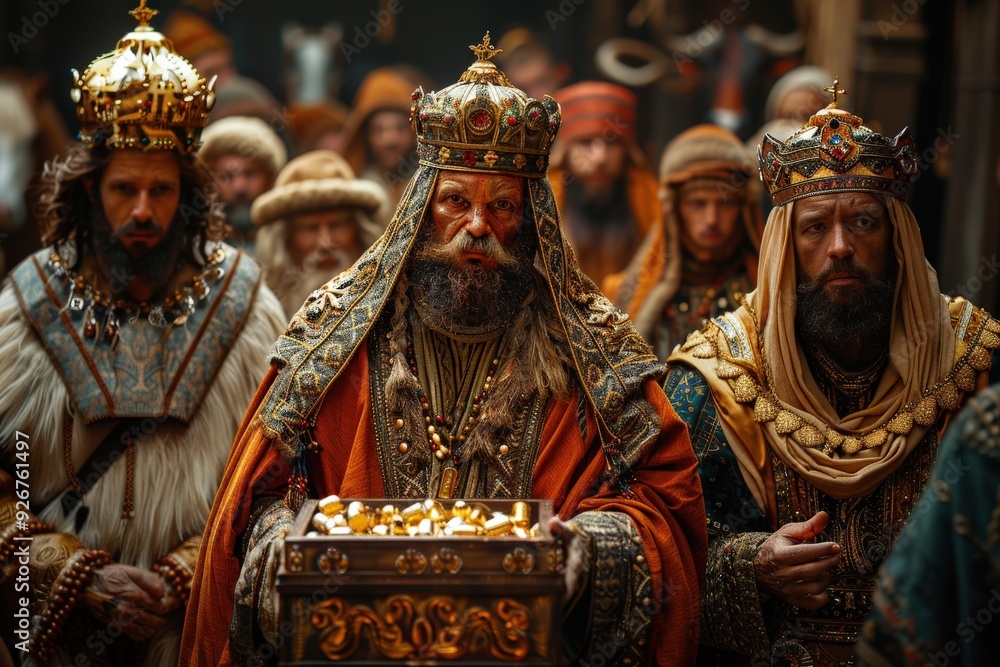 Wall mural Regal procession with prominent kings in ornate royal attire holding a treasure chest, surrounded by courtiers in medieval settingKing