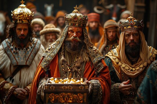 Regal procession with prominent kings in ornate royal attire holding a treasure chest, surrounded by courtiers in medieval settingKing