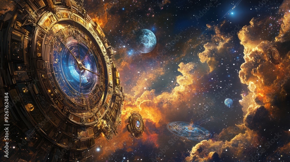 Poster a large clock and other objects in a space setting, ai