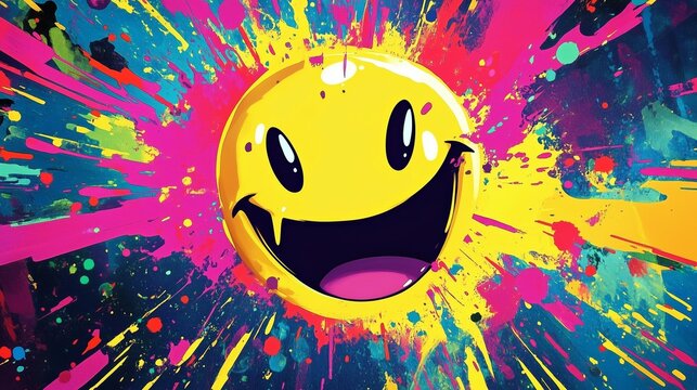 Vibrant Smiley Face Surrounded by Colorful Paint Splashes