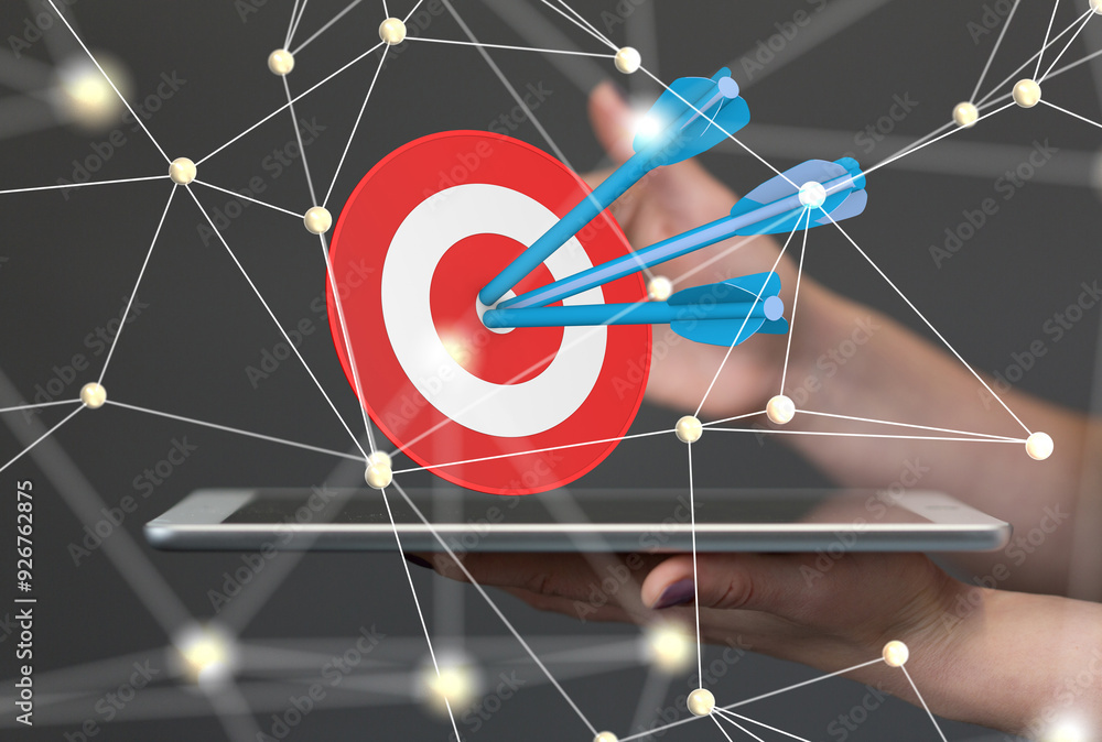 Poster Dart arrow on target dartboard, Business success concept..