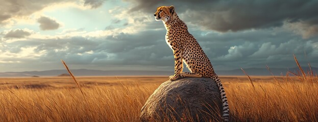 A cheetah sits on a rock in a field of tall grass against a cloudy sky.