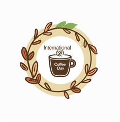 Logo design for "International Coffee Day" with coffee beans and cups in an elegant circle. vector illustration for web pages, posters, social media posts, brochures, business cards