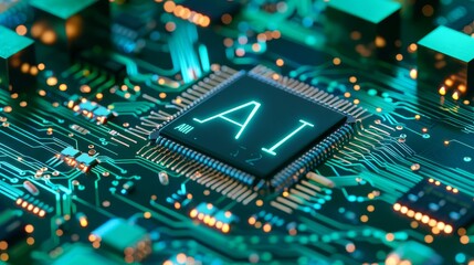 Obraz premium Glowing ai computer chip on green circuit board with gold circuits in detailed macro shot