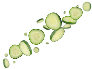 Sliced cucumbers fly in space forming a chain shape. Isolated on white