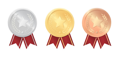 3d gold medal, silver medal and bronze medal with red ribbons and stars