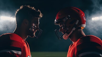 Two football players in red jerseys face each other on the field, ready for the game.