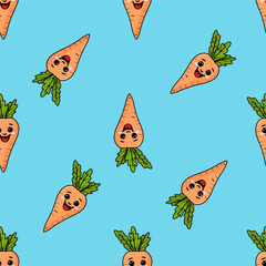 A seamless pattern with a funny carrot. Funny carrots in a seamless Design.blue background