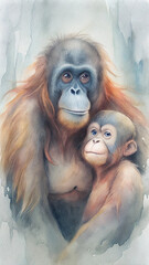Tender moment between an orangutan mother and her baby in a lush jungle. This heartwarming, detailed illustration captures the essence of love, protection, and the beauty of wildlife conservation.