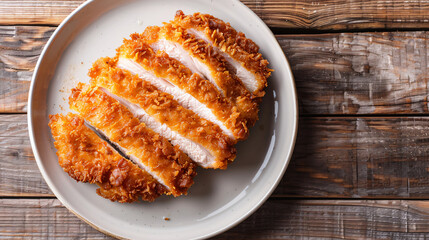 Succulent fried chicken breast cutlet on a white plate over a wooden table, perfect for lunch or dinner. Top-down view ideal for restaurant menus. Customize with text or logos