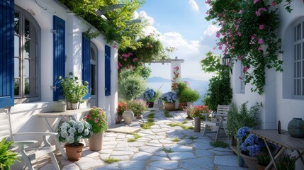Fototapeta premium Traditional greek inn whitewashed walls, blue shutters, lush garden with blooming flowers