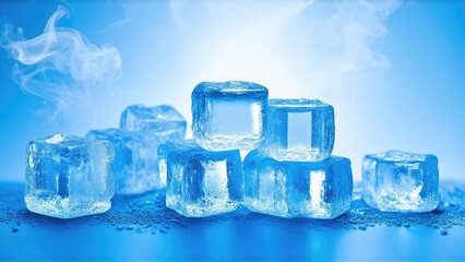 Ice cubes on a blurred blue background, steam around, Ice pyramid.