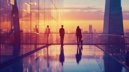 Fototapeta premium Silhouette of Two People on a Rooftop Overlooking a City at Sunset