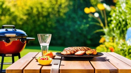 summer time party in backyard garden with grill BBQ, wooden table, blurred background
