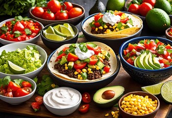 colorful taco spread featuring fresh bold variety toppings delicious culinary experience, vibrant, ingredients, flavors, dish, meal, salsa, guacamole