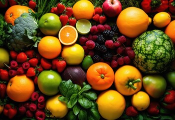colorful arrangement fresh fruits vegetables displaying vibrant symmetry abundant variety, produce, organic, healthy, nature, harvest, nutrition, food