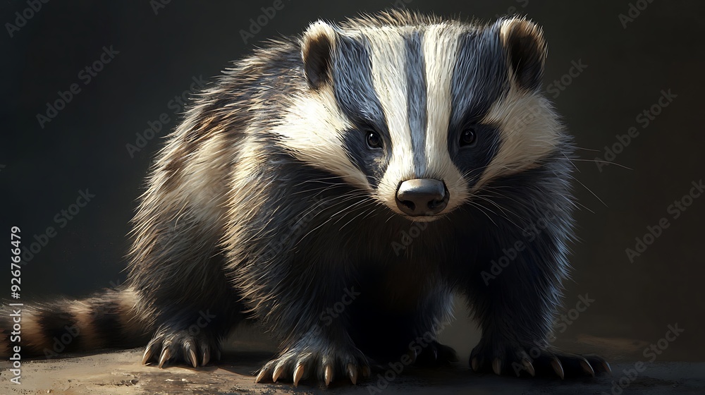 Poster a close-up portrait of a badger with sharp claws, looking directly at the camera.