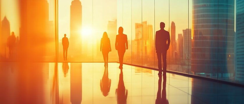 Silhouettes of Business Professionals Looking Out a Window at a Cityscape During Sunset