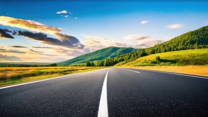 Naklejka premium Asphalt highway road and green mountain with sky clouds at sunset