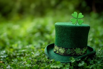 Green St. Patrick's Day hat with a shamrock on a matching green background. Ideal for St. Patrick's Day celebrations, holiday promotions, and themed designs