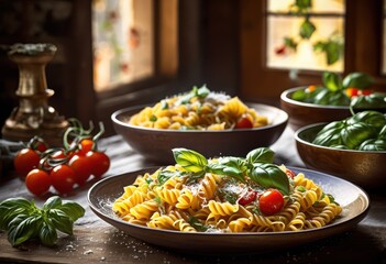 vibrant italian pasta served colorful dishes showcasing fresh ingredients culinary art, food, plates, vegetables, herbs, sauce, spices, garlic, cheese, olive