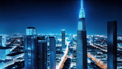 Nighttime view of a technologically advanced city with sleek, illuminated skyscrapers. Premium background for the latest technology needs