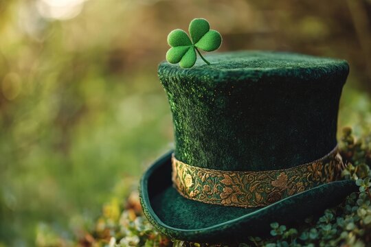Green St. Patrick's Day hat with a shamrock on a matching green background. Ideal for St. Patrick's Day celebrations, holiday promotions, and themed designs