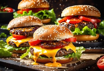 close delicious mouthwatering burgers bright colorful backgrounds showcasing juicy ingredients tasty presentation, artisan, gourmet, fresh, vibrant, meal