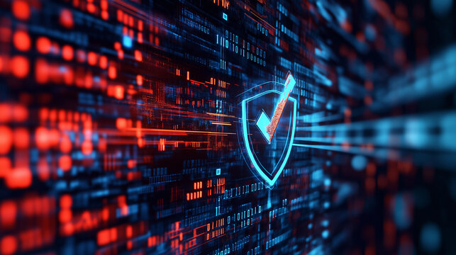 A digital glow emanating from a checkmark on a rusty shield, set against a backdrop of binary code, symbolizing Rust&acirc;s capability in secure and efficient systems programming