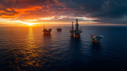 Fototapeta premium Dramatic sunset over offshore oil platforms in the ocean.