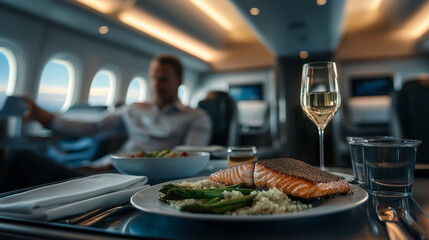 A gourmet in-flight meal featuring grilled salmon, steamed asparagus, and a quinoa salad, served on a tray table with a scenic view of the sky outside