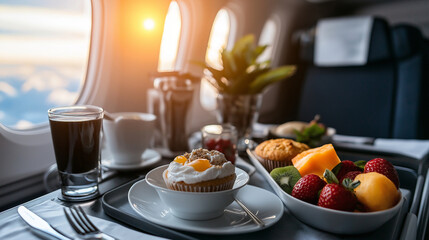 A light and healthy airplane breakfast with fresh fruit, Greek yogurt, and a whole-grain muffin, presented on a tray table with a background of fluffy clouds through the window