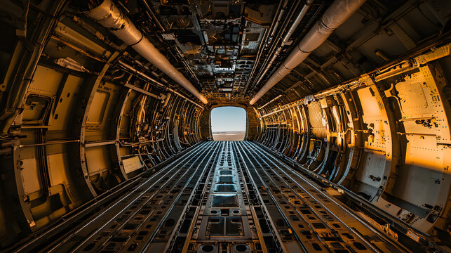 Empty cargo plane interior with sunlight streaming in.