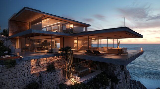 Luxurious modern cliffside home with wood, stone, and glass elements offering stunning coastal views