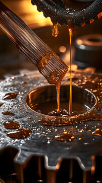 Close-up of thick oil being poured over gears.