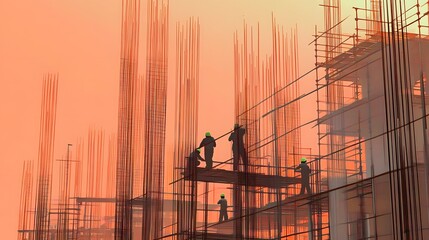 Construction workers on a high-rise building at sunset.