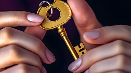 Close-up of a golden key being held delicately by fingers..