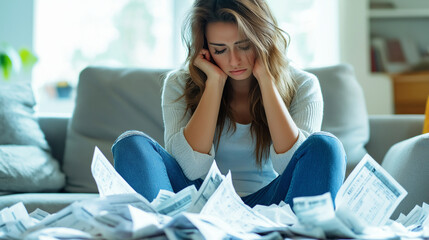 A woman sitting on her couch, surrounded by crumpled bills and financial papers, her expression one of despair