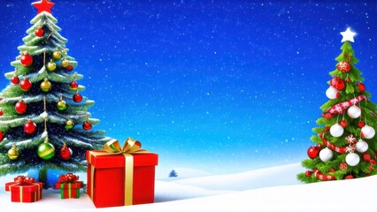 Obraz premium Beautiful decorated christmas tree with present boxes in a winter landscape with snow