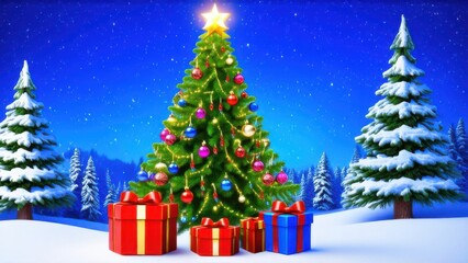 Obraz premium Beautiful decorated christmas tree with present boxes in a winter landscape with snow