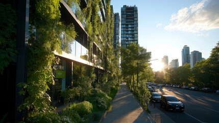 Obraz premium A city block transformed into a sustainable haven, with green buildings, solar-powered infrastructure, and a focus on urban greenery