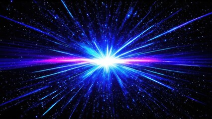 Fototapeta premium Abstract background in blue and purple neon glow colors on black. Speed of light in galaxy. Explosion in universe. Cosmic background for event, party, carnival, celebration, anniversary or other