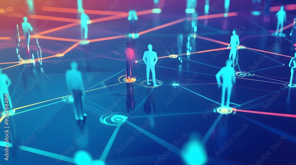 Poster silhouettes of people connected by a network of lines in a digital space.