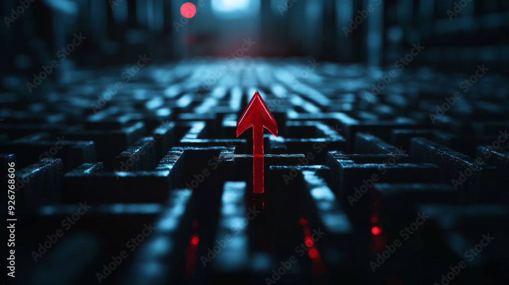 Aufkleber a strong red arrow charting a course through the narrow paths of a black maze, symbolizing focus and