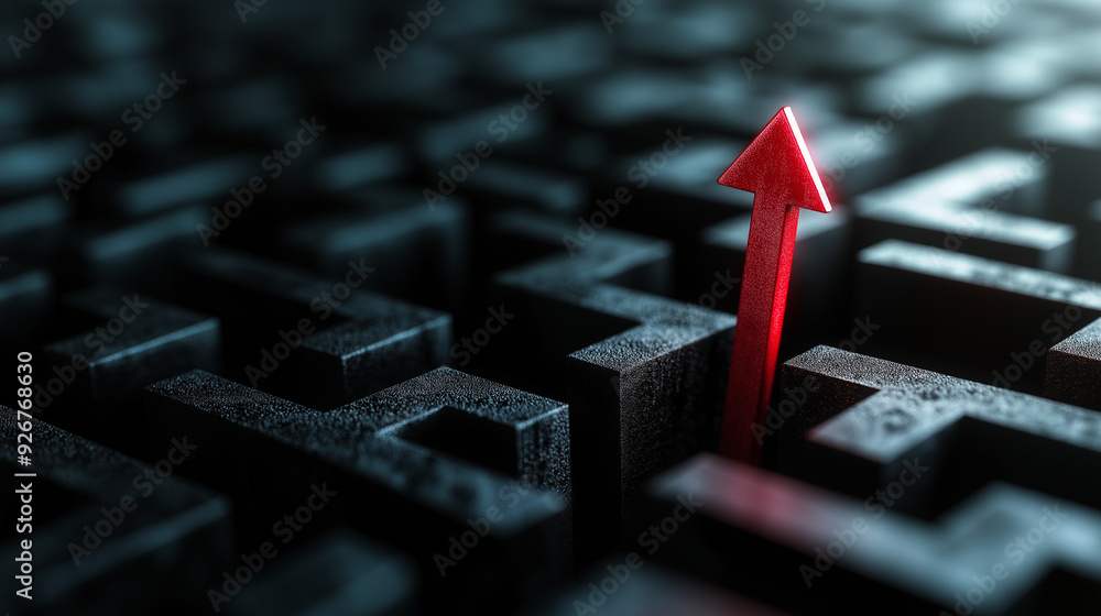 Aufkleber A strong red arrow charting a course through the narrow paths of a black maze, symbolizing focus and resolve